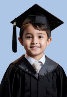 Young boy wearing a graduation cap and gown