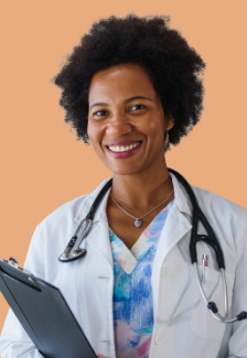Medical provider in white lab coat holding a clipboard